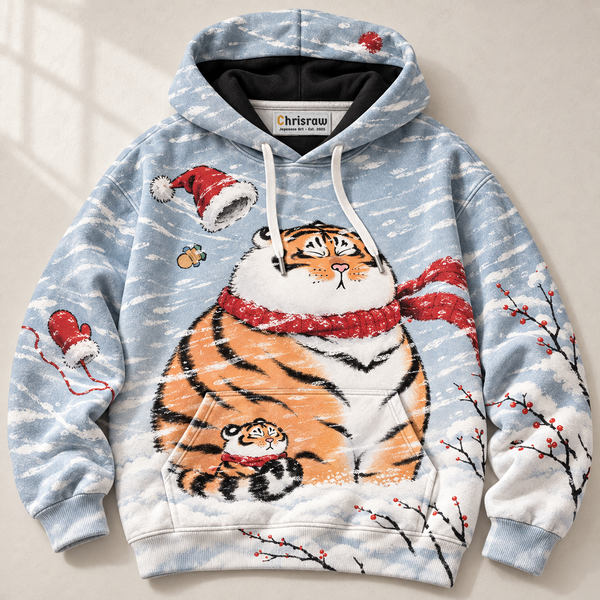 Chrisraw Round tiger in a Christmas blizzard hoodie — front flat lay