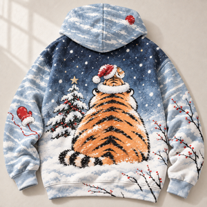 Chrisraw Round tiger in a Christmas blizzard hoodie — back flat lay