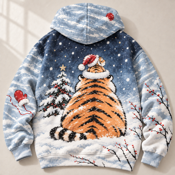 Chrisraw Round tiger in a Christmas blizzard hoodie — back flat lay