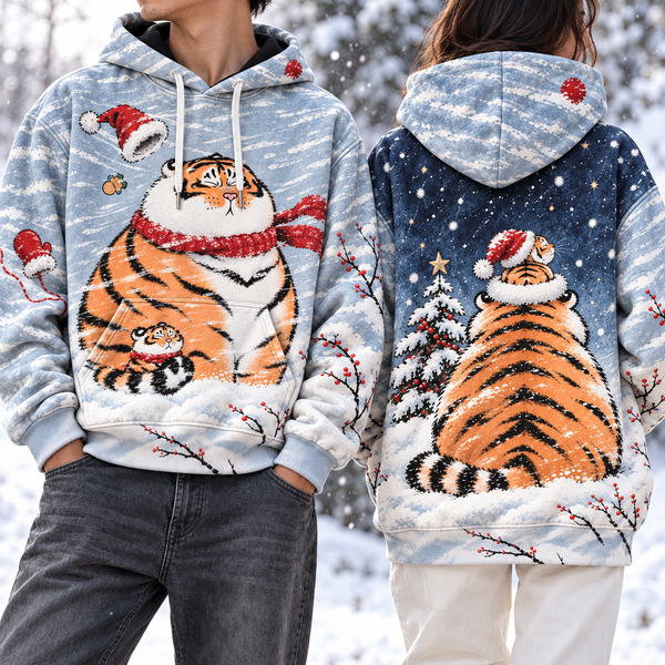Chrisraw Round tiger in a Christmas blizzard hoodie — on model