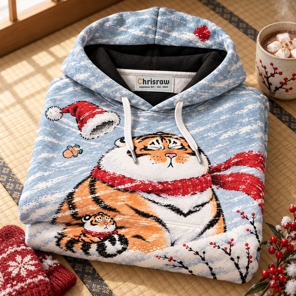 Chrisraw Round tiger in a Christmas blizzard hoodie — folded