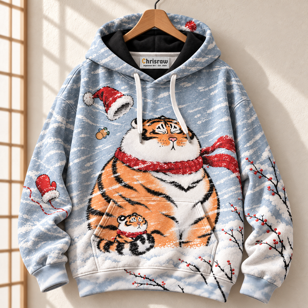 Chrisraw Round tiger in a Christmas blizzard hoodie — hanging