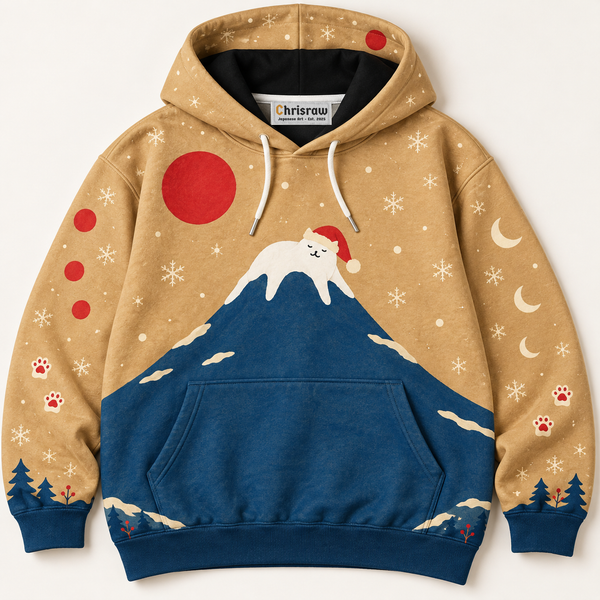 Chrisraw Santa cat on Mount Fuji Christmas hoodie — front flat lay