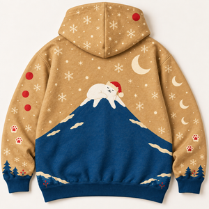 Chrisraw Santa cat on Mount Fuji Christmas hoodie — back flat lay