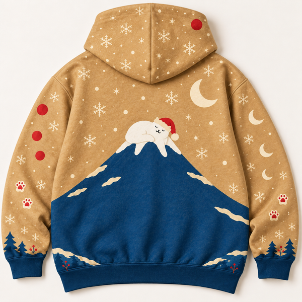 Chrisraw Santa cat on Mount Fuji Christmas hoodie — back flat lay