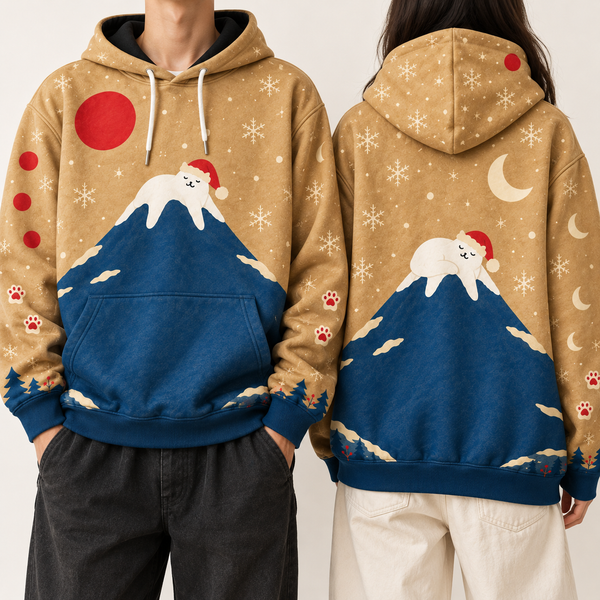 Chrisraw Santa cat on Mount Fuji Christmas hoodie — on model