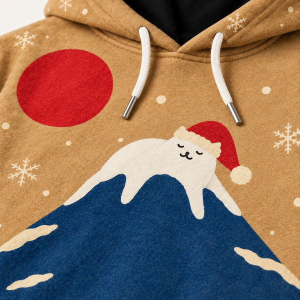 Chrisraw Santa cat on Mount Fuji Christmas hoodie — print close-up
