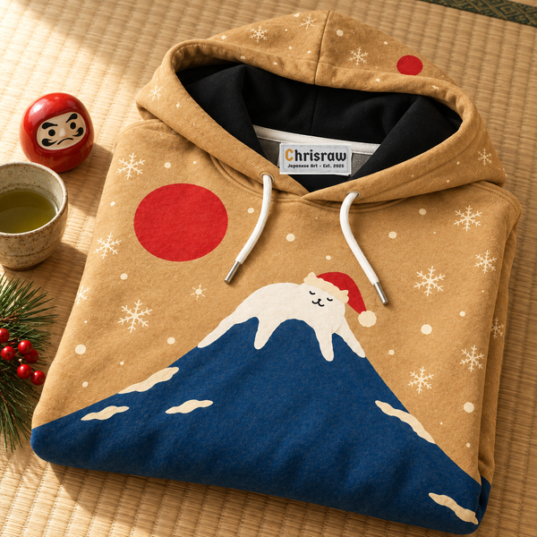 Chrisraw Santa cat on Mount Fuji Christmas hoodie — folded