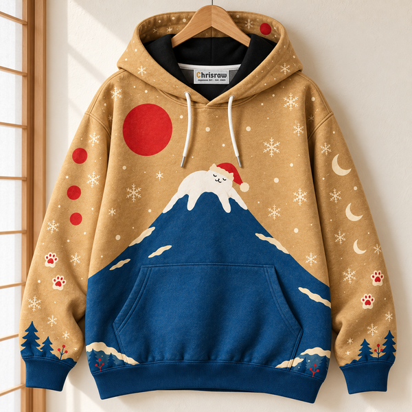 Chrisraw Santa cat on Mount Fuji Christmas hoodie — hanging