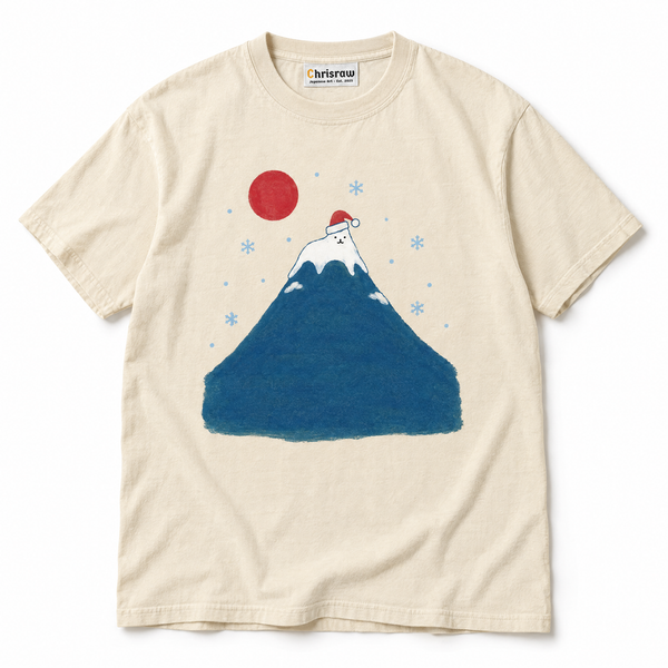 Chrisraw Fuji Neko ivory T-shirt — Santa cat on Mount Fuji Christmas print
