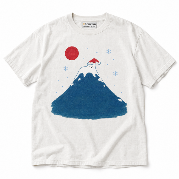 Chrisraw Fuji Neko white T-shirt — Santa cat on Mount Fuji Christmas print