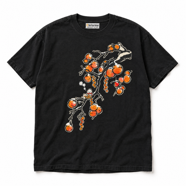 Chrisraw Fuyugaki black T-shirt — snow persimmon branch print
