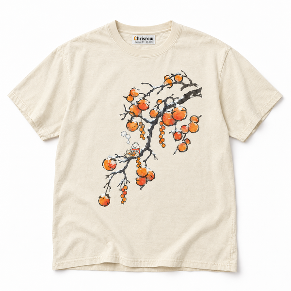 Chrisraw Fuyugaki ivory T-shirt — snow persimmon branch print