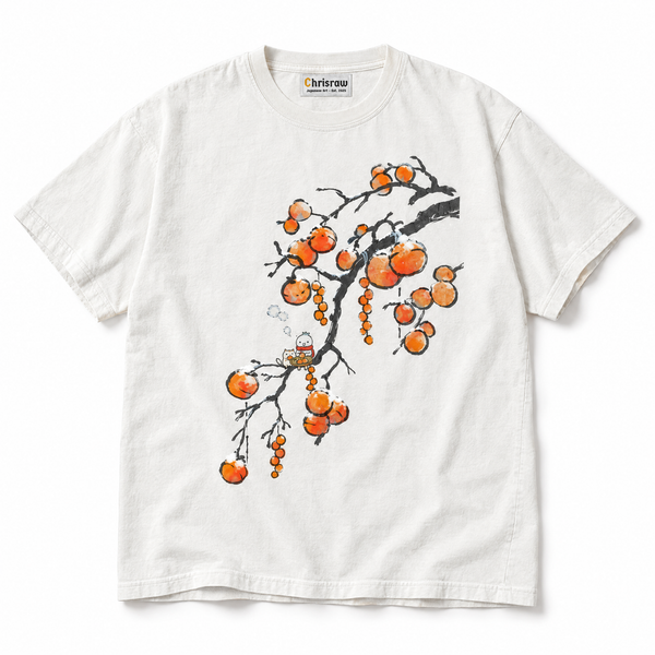 Chrisraw Fuyugaki white T-shirt — snow persimmon branch print
