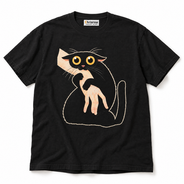 Chrisraw Gabu black T-shirt — black cat biting hand print