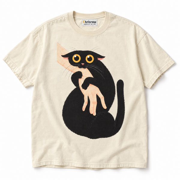 Chrisraw Gabu ivory T-shirt — black cat biting hand print
