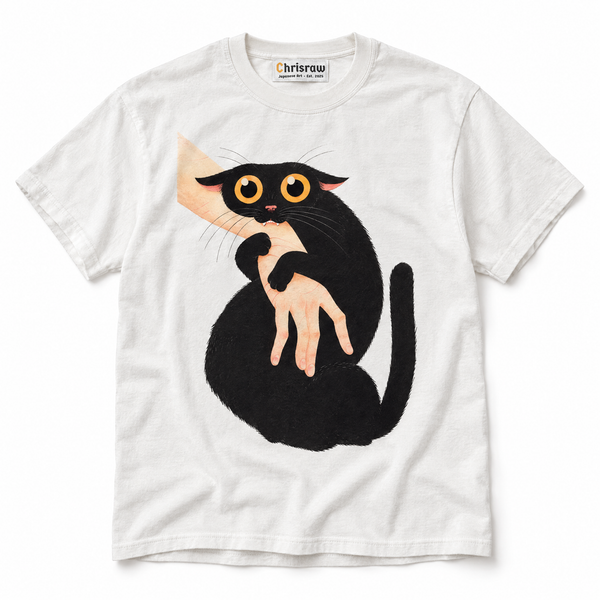Chrisraw Gabu white T-shirt — black cat biting hand print