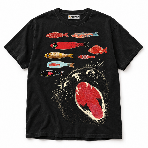 Chrisraw Harapeko Neko black T-shirt — hungry black cat and fish pop art print