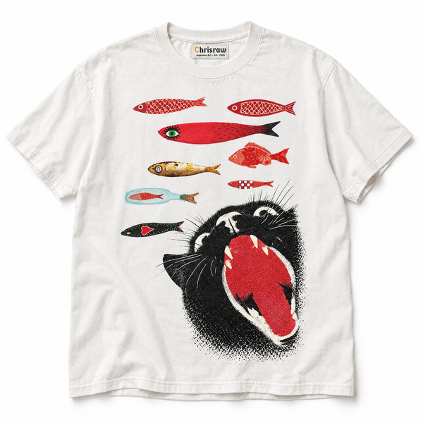 Chrisraw Harapeko Neko white T-shirt — hungry black cat and fish pop art print