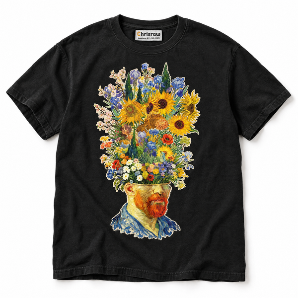 Chrisraw Himawari black T-shirt — sunflower head impasto portrait print