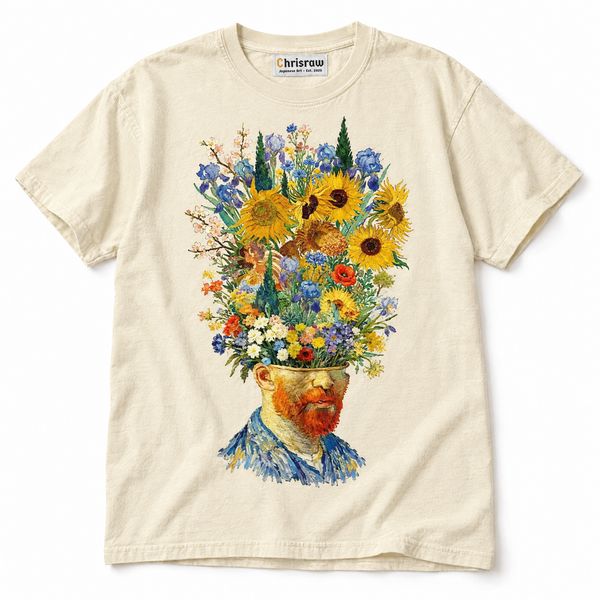 Chrisraw Himawari ivory T-shirt — sunflower head impasto portrait print
