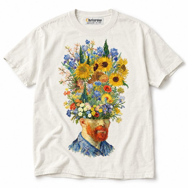 Chrisraw Himawari white T-shirt — sunflower head impasto portrait print