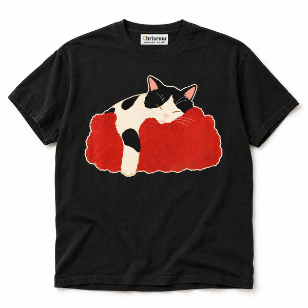 Chrisraw Hirune Neko black T-shirt — napping cat on red blanket print