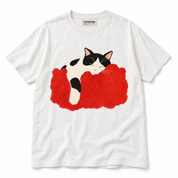 Chrisraw Hirune Neko white T-shirt — napping cat on red blanket print