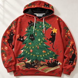 Chrisraw Black cats wrecking Christmas tree hoodie — front flat lay