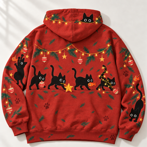 Chrisraw Black cats wrecking Christmas tree hoodie — back flat lay