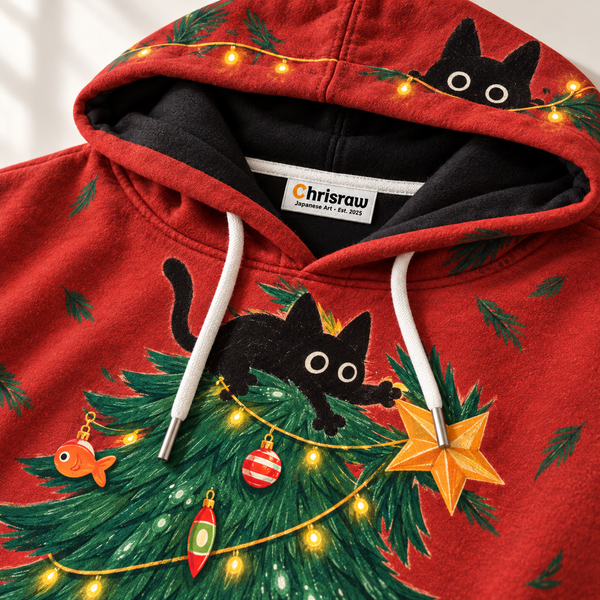 Chrisraw Black cats wrecking Christmas tree hoodie — print close-up