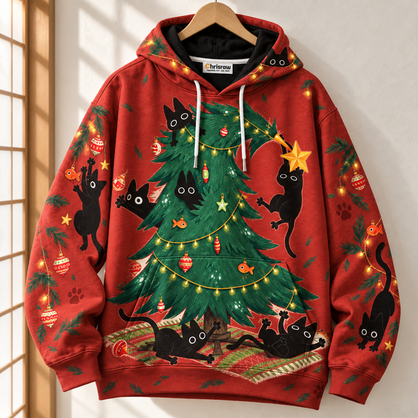 Chrisraw Black cats wrecking Christmas tree hoodie — hanging