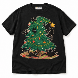 Chrisraw Itazura Neko black T-shirt — black cats wrecking the Christmas tree print