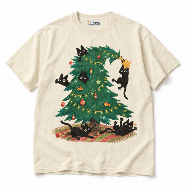 Chrisraw Itazura Neko ivory T-shirt — black cats wrecking the Christmas tree print
