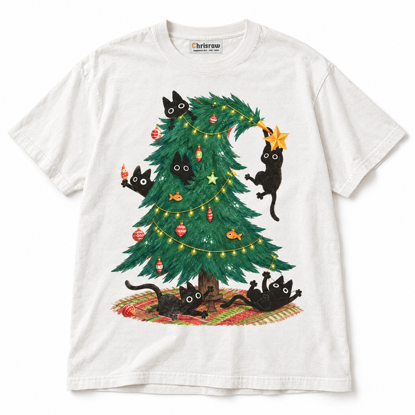 Chrisraw Itazura Neko white T-shirt — black cats wrecking the Christmas tree print