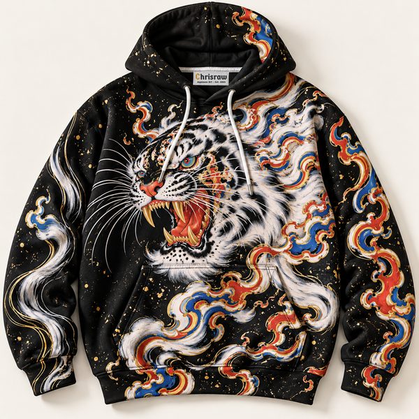 Chrisraw Flame cloud white tiger hoodie — front flat lay