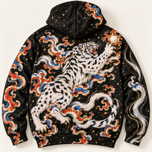 Chrisraw Flame cloud white tiger hoodie — back flat lay
