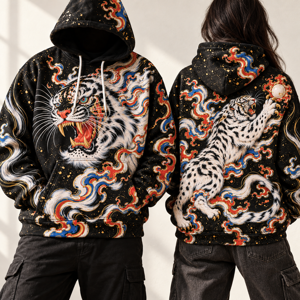 Chrisraw Flame cloud white tiger hoodie — on model