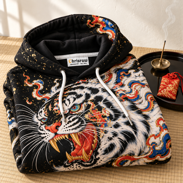 Chrisraw Flame cloud white tiger hoodie — folded