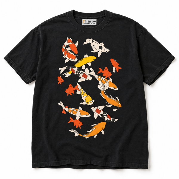 Chrisraw Koi no Mure black T-shirt — school of koi line art print