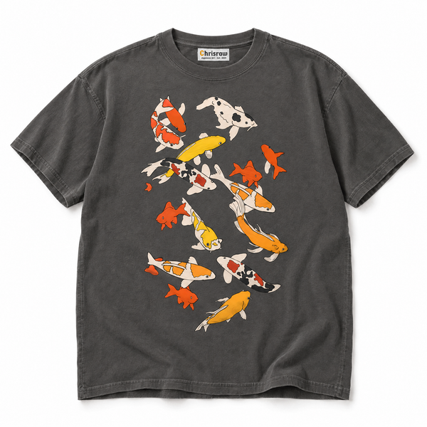 Chrisraw Koi no Mure pepper T-shirt — school of koi line art print