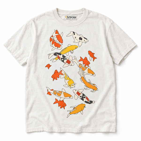 Chrisraw Koi no Mure white T-shirt — school of koi line art print