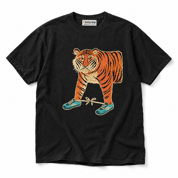 Chrisraw Kutsu Tora black T-shirt — tiger in sneakers print