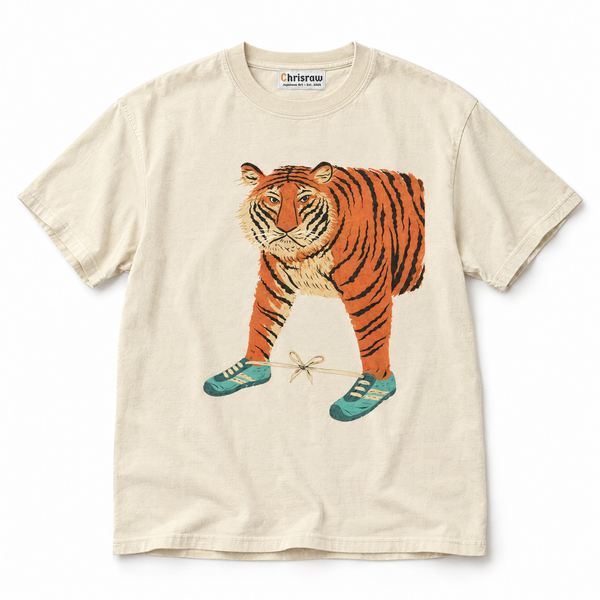 Chrisraw Kutsu Tora ivory T-shirt — tiger in sneakers print