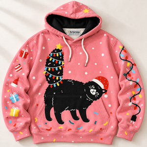 Chrisraw Black cat with Christmas tree tail hoodie — front flat lay