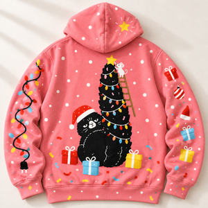 Chrisraw Black cat with Christmas tree tail hoodie — back flat lay