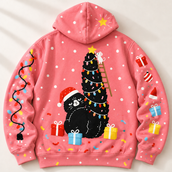 Chrisraw Black cat with Christmas tree tail hoodie — back flat lay
