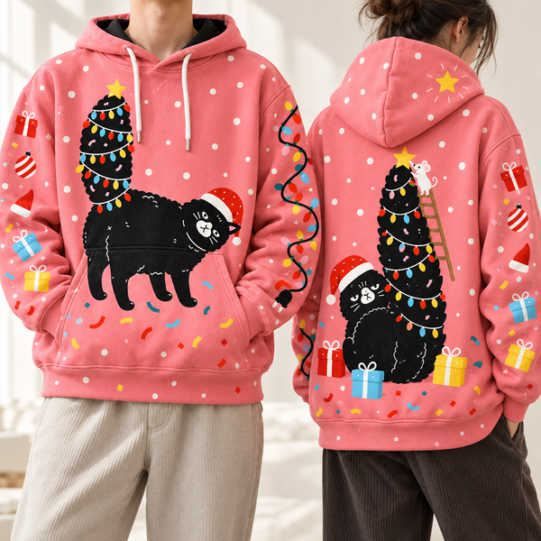 Chrisraw Black cat with Christmas tree tail hoodie — on model