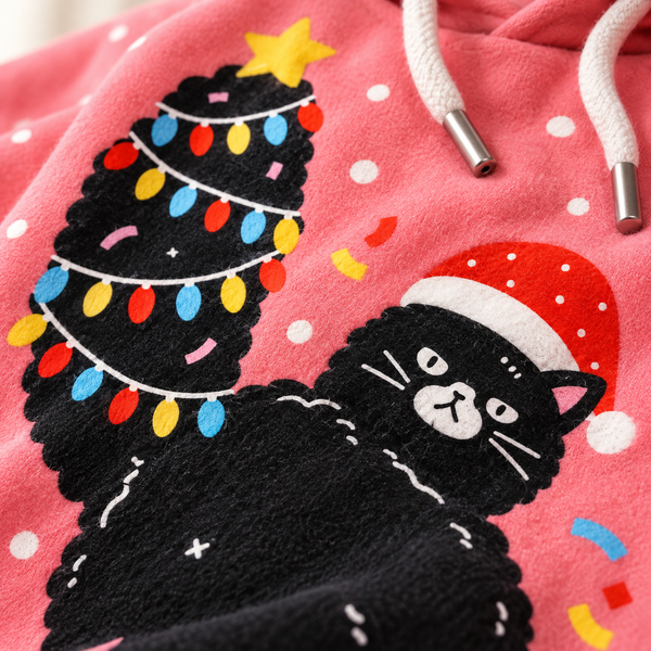 Chrisraw Black cat with Christmas tree tail hoodie — print close-up