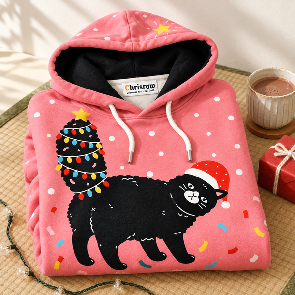 Chrisraw Black cat with Christmas tree tail hoodie — folded